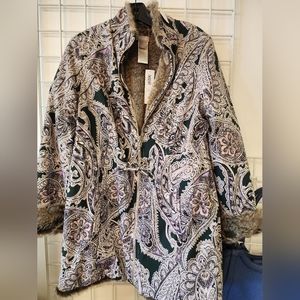 Nwt Chico's zipup jacket with beautiful paisley, light weight faux fur lining.